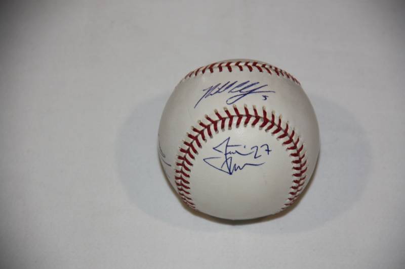lot 9 image: Joe Mauer Justin Morneau Micheal Cuddyer Auto Baseball (JSA COA)
