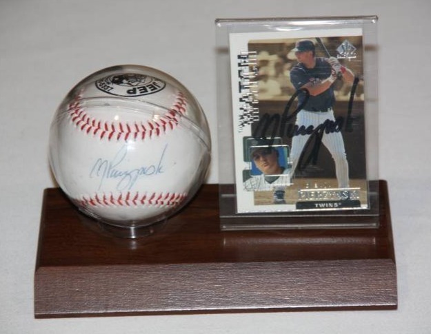 lot 102 image: AJ Pierzynski Single Signed Baseball and Card in Display