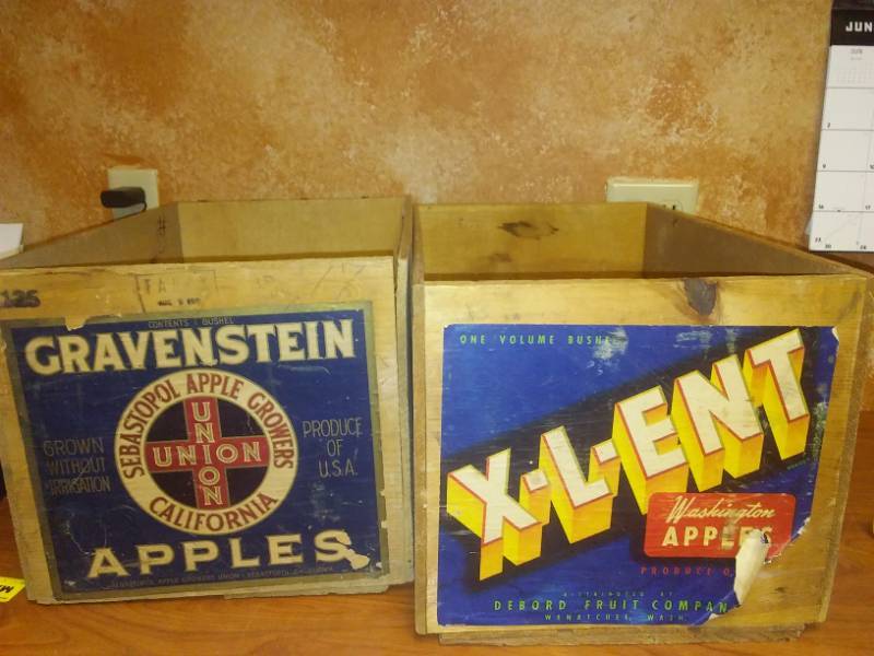 lot 130 image: 2 Wood crates Gravenstein apples California.