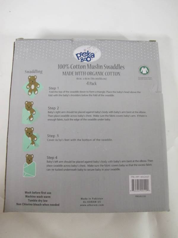 lot 18 image: Peekaboo Organic 100% Cotton Muslin Swaddles - 4 pack - Assorted ColorsPrints