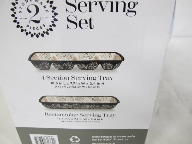 lot 48 image: Stoneware 2 Piece Serving Set -  Rectangular Tray  4-Section Tray - BlackWhite