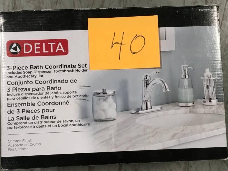 Delta 3-Piece Bathroom Countertop Accessory Kit with Soap Pump, Toothbrush Holder and Canister in Polished Chrome in good condition