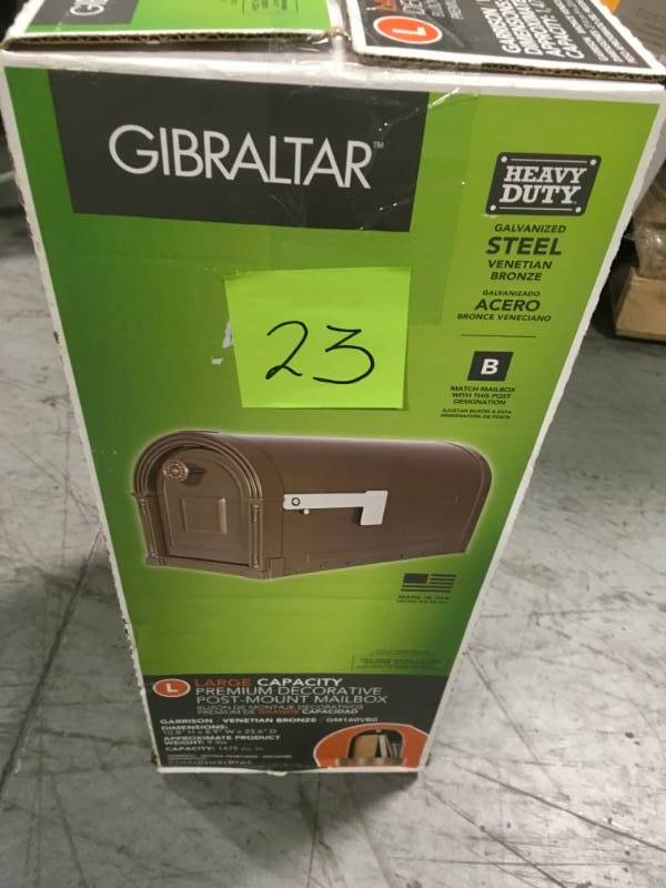 lot 23 image: Gibraltar Mailboxes Garrison Steel Post-Mount Large Mailbox in Venetian Bronze in very good condition