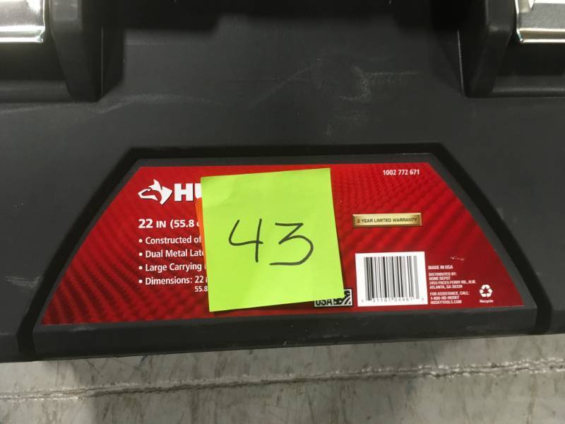 lot 43 image: Husky 22 in. Plastic Tool Box with Metal Latches in Black BROKEN DAMAGE