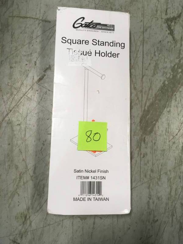 lot 80 image: Gatco Latitude II Square Free Standing Toilet Paper Holder in Satin Nickel in very good condition