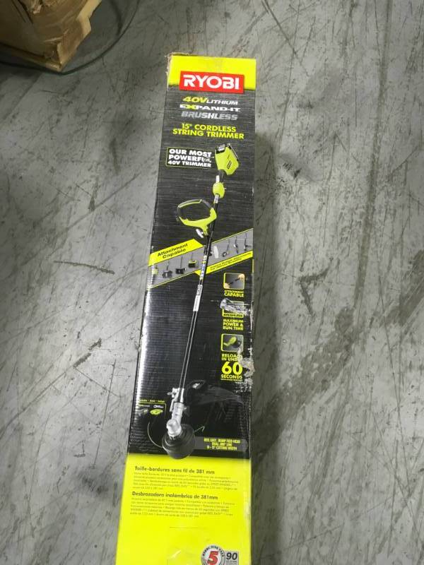 lot 82 image: RYOBI 40-Volt Lithium-Ion Brushless Electric Cordless Attachment Capable String Trimmer - 3.0 Ah Battery and Charger Included in very good condition