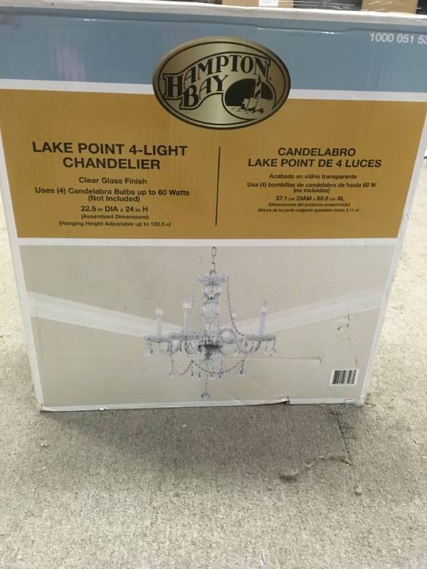 lot 3 image: Hampton Bay Lake Point 4-Light Chrome and Clear Crystal Chandelier not used