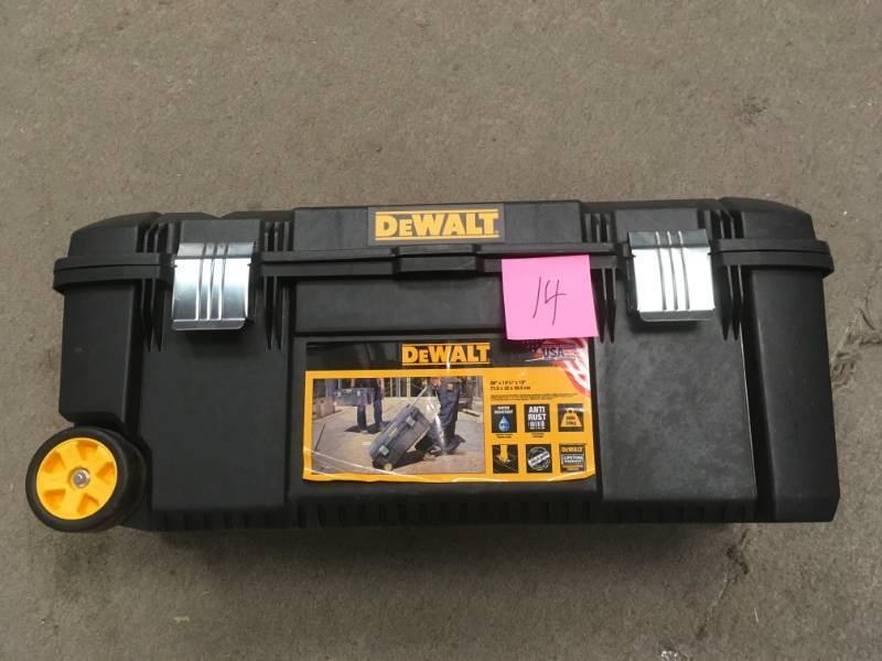 lot 14 image: DEWALT 28 in. 12 Gal. Mobile Tool Box damaged corner