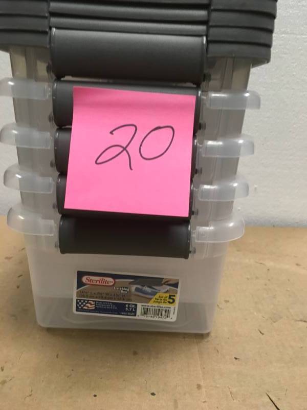 lot 20 image: STERILITE 16433W06 6 QT Clear Storage Boxes Banded Together (5 Pack) not used