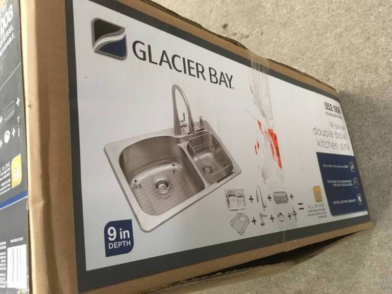 lot 28 image: Glacier Bay All-in-One Dual Mount Stainless Steel 33 in. 2-Hole Double Bowl Kitchen Sink in good condition