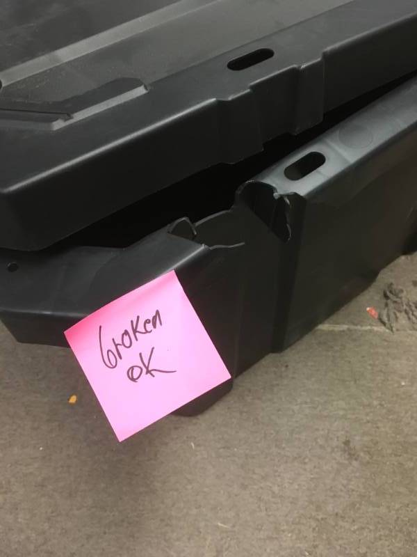 lot 54 image: Husky 45 Gal. Latch and Stack Tote with Wheels in Black SEE PHOTOS BROKEN DAMAGE