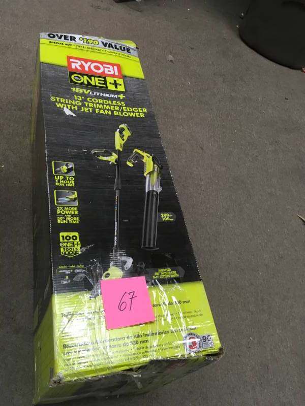 lot 67 image: RYOBI ONE 18-Volt Lithium-Ion Cordless String TrimmerEdger and Jet Fan Blower Combo Kit - 4.0 Ah BatteryCharger Included USED in good condition