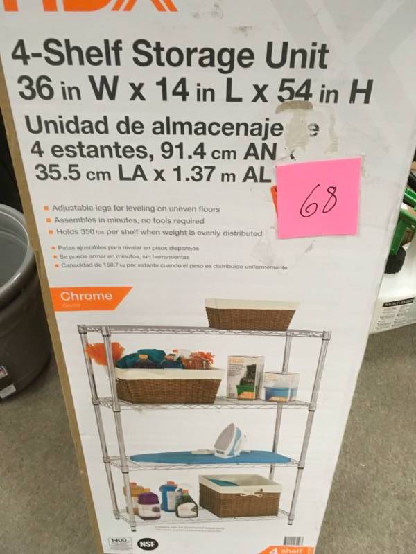 lot 68 image: HDX 54 in. H x 36 in. W x 14 in. D 4 Shelf Steel Unit in good condition