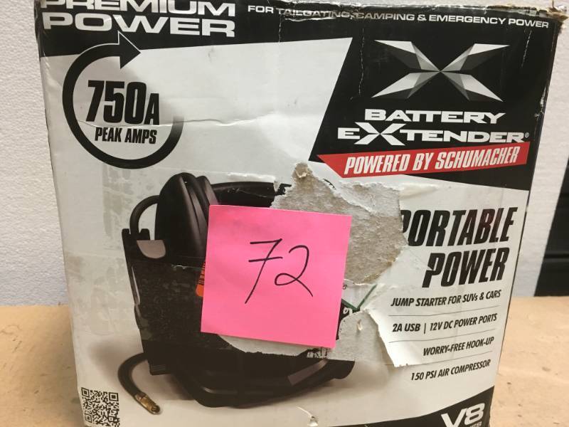 lot 72 image: Schumacher Battery Extender 12-Volt, 750 Amp Battery Jump Starter in good condition