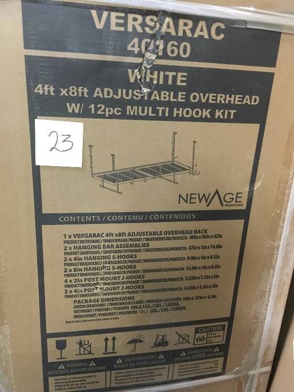 lot 23 image: NewAge Products VersaRac 42 in. H x 48 in. W x 96 in. D Adjustable Height Garage Ceiling Mounted Storage Unit in White w12-Piece Hooks not used