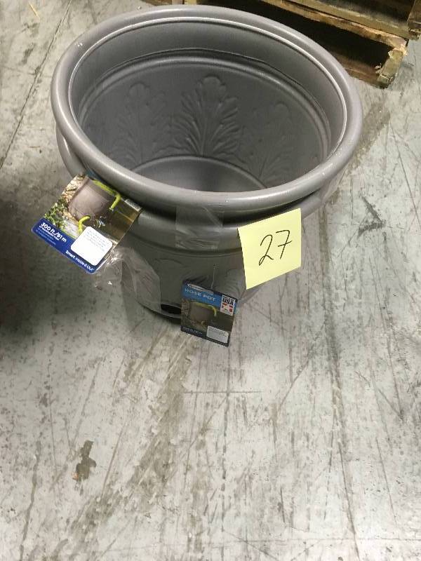lot 27 image: Suncast 7604168 300 ft. 300 ft Free Standing Decorative Hose Pot Gray not used