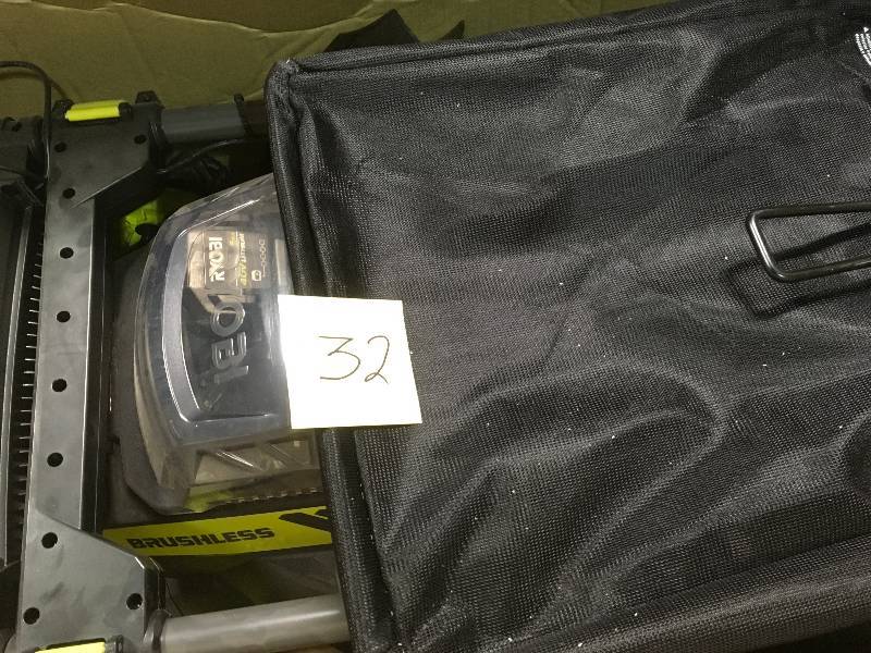 lot 32 image: RYOBI 20 in. 40-Volt Brushless Lithium-Ion Cordless Self-Propelled Walk Behind Mower with 5.0 Ah BatteryCharger Included in good condition