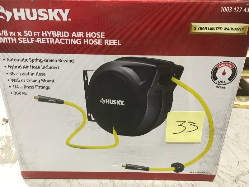 lot 33 image: Husky 38 in. x 50 ft. Hybrid Retractable Hose Reel in good condition