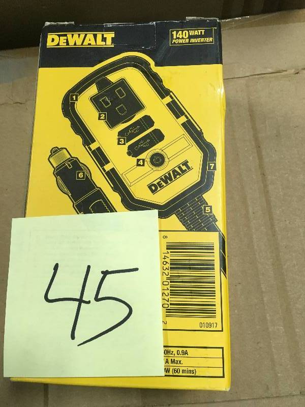 lot 45 image: DEWALT 140-Watt Power Inverter with Dual USB Ports in good condition