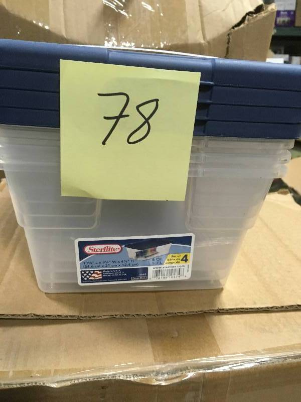 lot 78 image: Sterilite 6 Qt. Storage Box in White Clear Plastic in good condition