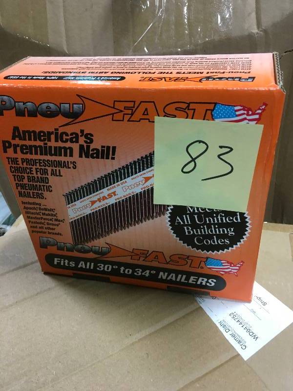 lot 83 image: Pneu-Fast 2-38 in. x 0.120 in. Ring Brite 30-34 Degree Paper Tape Clipped Head Framing Nails in good condition