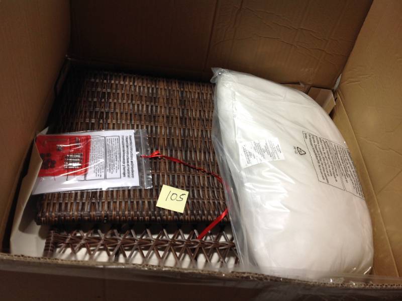 lot 105 image: Hampton Bay Cambridge Brown Resin Wicker Outdoor Lounge Chair with bare  Cushions not used