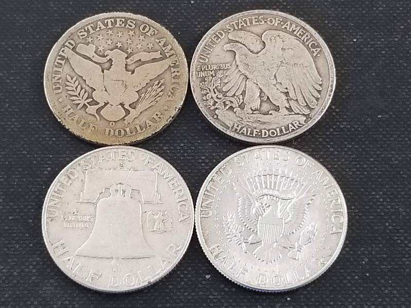 4 DIFFERENT SILVER HALF DOLLARS BARBER WALKER FRANKLIN KENNEDY