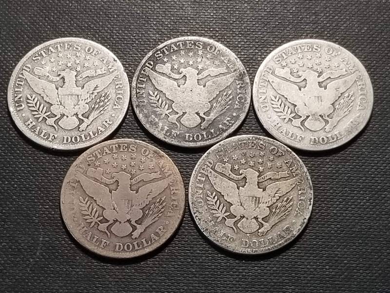 5 BARBER SILVER HALF DOLLARS 1902 1904 1906 1908 1908-S
