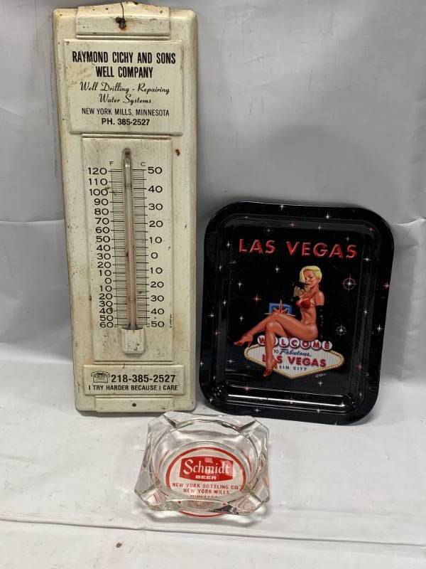 lot 64 image: Vintage Advertising Item Thermometer, Ashtray