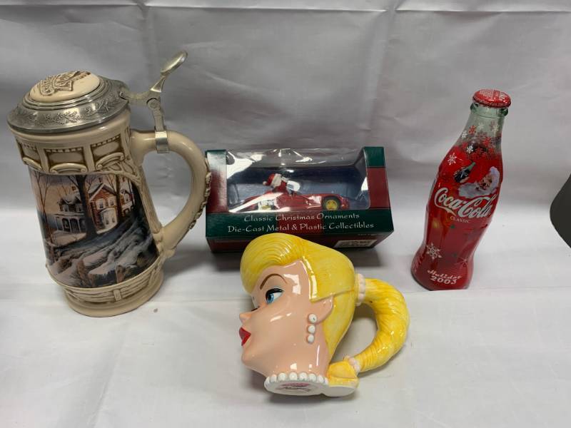 lot 79 image: Lot of 4 Collectible (Barbie Mug, Terry Redlin Stein, etc)