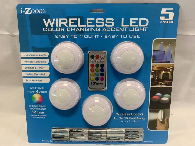 lot 86 image: New Wireless Color Changing LED 5 Pack Puck Lights with Remote