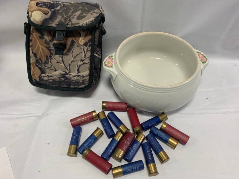 lot 97 image: 12 & 20 Gauge Shotgun Shells, Vintage Bowl, Camo Binocular Case
