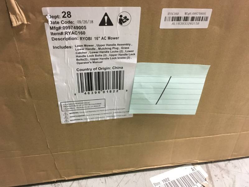 lot 1 image: RYOBI 16 in. 13 Amp Corded Electric Walk Behind Push Mower not used