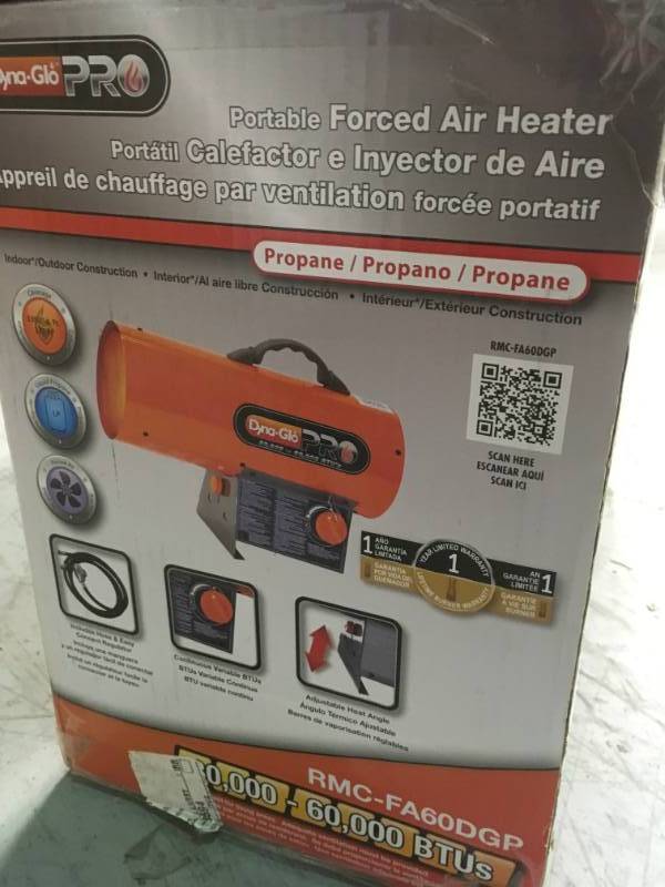 lot 8 image: Dyna-Glo Pro 60K BTU Forced Air Propane Portable Heater in good conditions missing hose