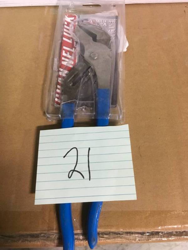 lot 21 image: Channellock, 12 inches tongue and groove plier, 7 adjustments, laser heat treated teeth, plastic grips 2-14 inches capacity, wont slip.  in good condition