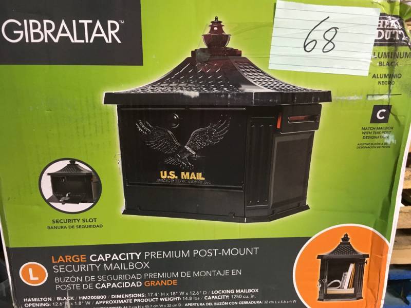 lot 68 image: Gibraltar Mailboxes Hamilton Black Locking Aluminum Large Post-Mount Mailbox  in good condition