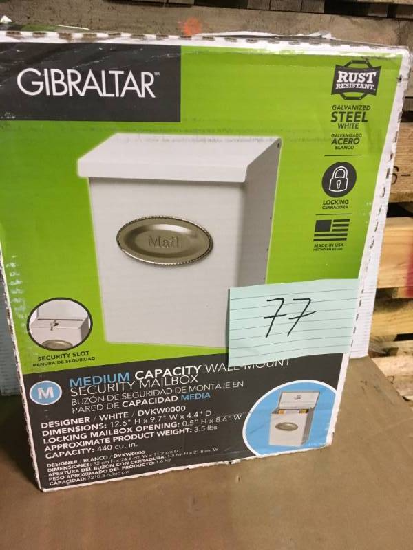 lot 77 image: Gibraltar Mailboxes Designer White Satin Nickel Decorative Emblem Vertical Wall-Mount Locking Mailbox  in good condition