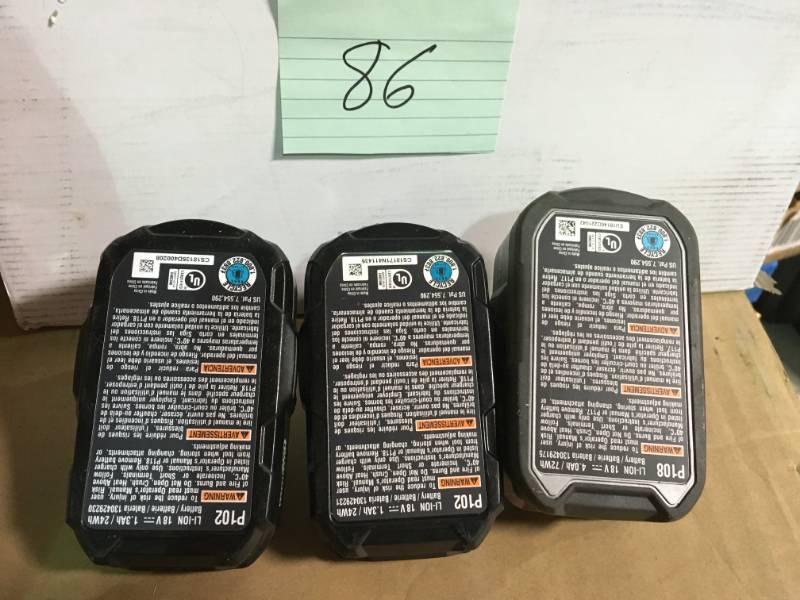 lot 86 image: (1) RYOBI 18-Volt ONE Lithium-Ion 4.0 Ah LITHIUM High Capacity Battery (2) RYOBI 18-Volt ONE 1.3 Ah Compact Lithium-Ion Battery in good condition