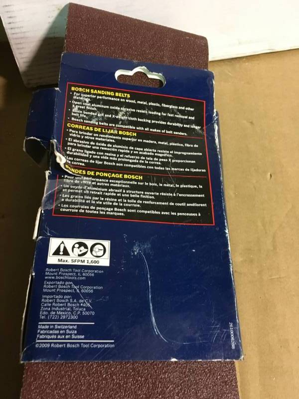 lot 92 image: Bosch 4 in. x 24 in. 80-Grit Red Sanding Belt (3-Pack) in good condition