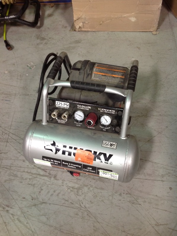 lot 105 image: Husky 4 Gal. 225 PSI High Performance Crew Electric Portable Air Compressor in good conditions