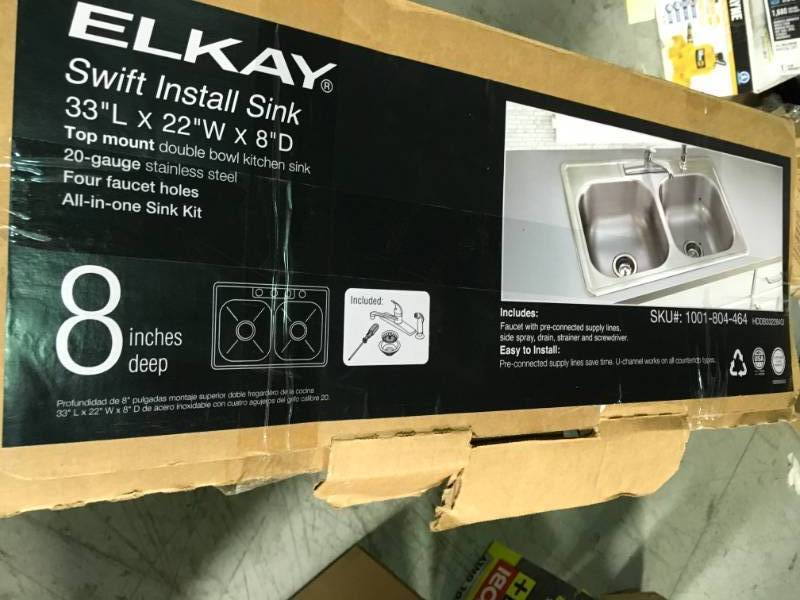 Elkay Swift Install All-in-One Drop-In Stainless Steel 33 in. 4-Hole Double Bowl Kitchen Sink Kit not used