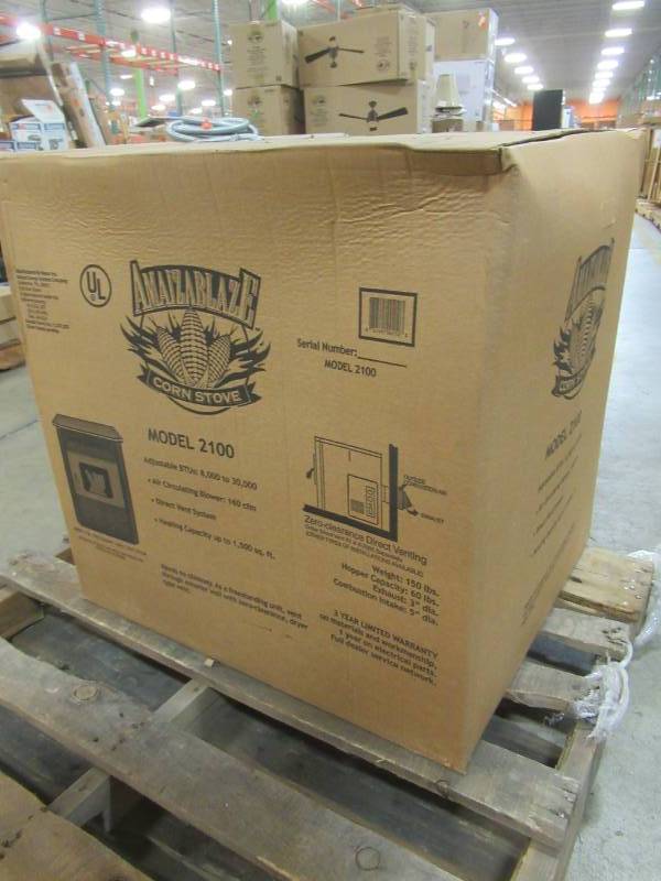 lot 18 image: AMAIZABLAZE CORN STOVE - MODEL 2100 - ADJUSTABLE BTU 8,000 - 30,000 BTUS - DIRECT VENT WITH HORIZONTAL CAP - New in Box
