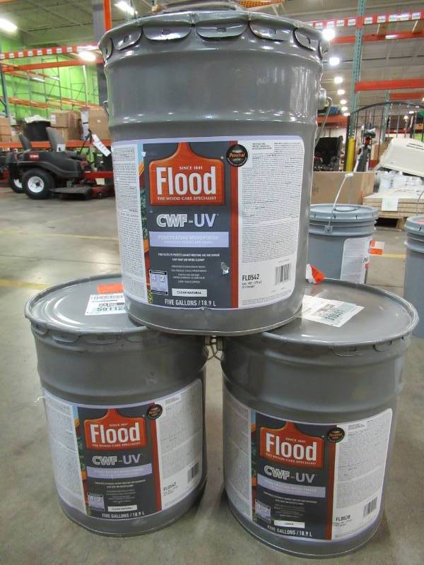lot 54 image: 3 Containers of Flood 5 gal. Clear CWF-UV Oil Based Exterior Wood Finish, FLD542-05