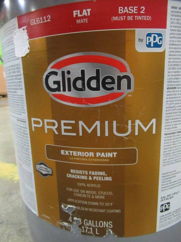 lot 61 image: Glidden Premium 5-gal. #HDGG43U Extreme White Flat Latex Base 2 Exterior Paint, GL6112-05