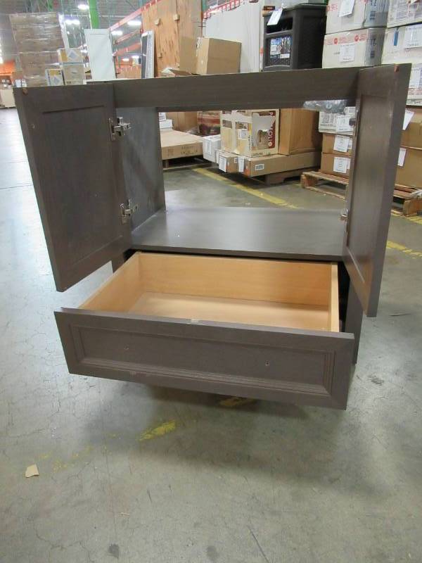 lot 109 image: Glacier Bay Delridge 30 in. W Vanity in Flagstone - Cabinet only Loose trim RH side.