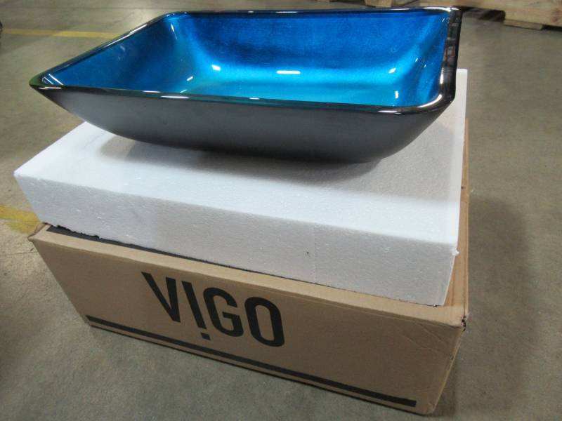 lot 52 image: VIGO Glass Vessel Sink in Rectangular Turquoise Water VG07068 - New in Box