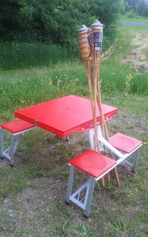 lot 46 image: Suitcase Style Folding Picnic Table, 4-Tiki Torches