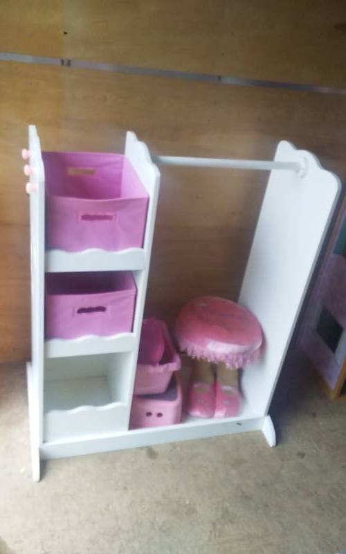 lot 39 image: Little Girls Dressing Stand Closet 34x16x42, Princess Stool, Pink Legos