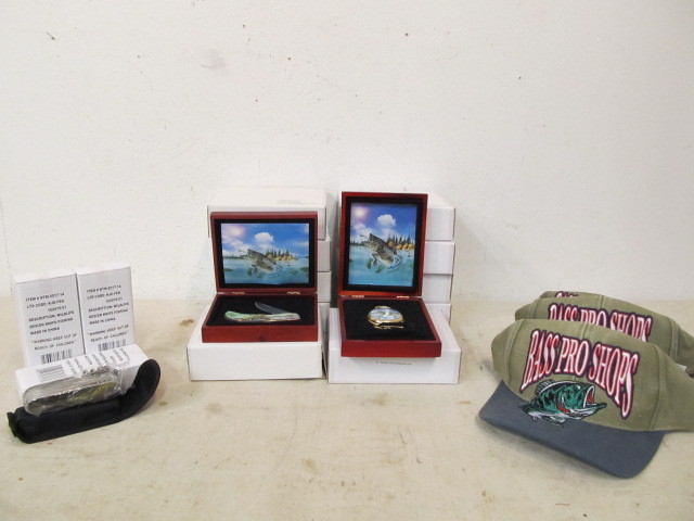 lot 30 image: Large Group of BRAND NEW Fishing Theme Knives Watches & Hats