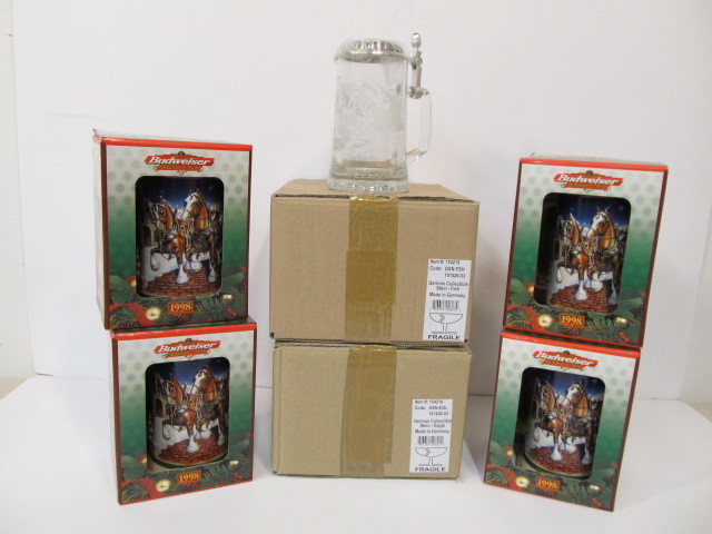lot 32 image: Group of BRAND NEW Beers Steins - Budweiser etc